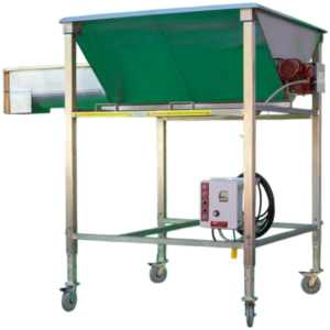 A stainless steel Receiving Hopper with a chute and four caster wheels. The hopper extends horizontally with a slanted chute above a catchment area. There is an attached control box on one side of the machine.