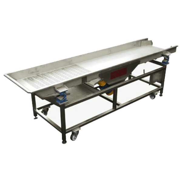 The Grape Sorting Table features a stainless steel vibratory conveyor with a gridded top surface, mounted on a sturdy black metal frame equipped with four caster wheels for easy mobility. This table is ideal for transporting materials in various industrial applications.
