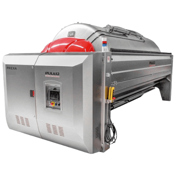 Image of a Puleo SC-70 Closed Tank Membrane Press. The device features a sleek, rectangular stainless steel body with a control panel on the front. A large, red cylindrical component is visible on top, extending to the back; designed for processing fruits and typically used in winemaking.