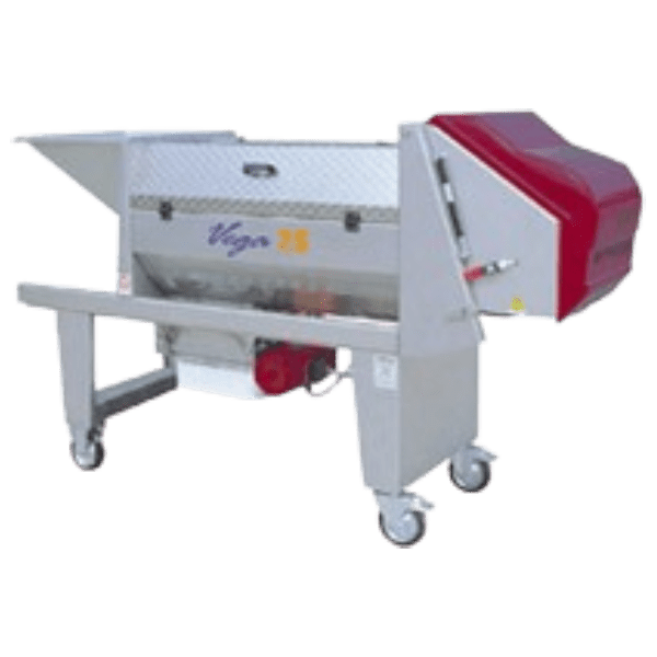 The Puleo Vega 25 Destemmer Crusher is an industrial-grade machine with a robust stainless steel body and a distinctive red protective cover on one end. Mounted on four wheels for easy mobility, it features clear branding and model information on its side. This essential piece of equipment is specifically designed for the winemaking process.