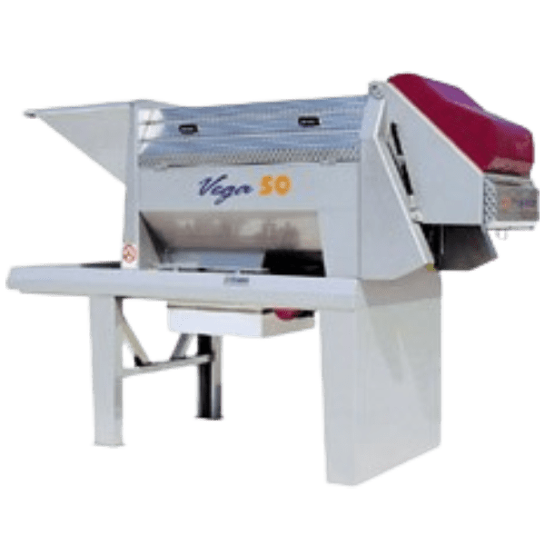 An image of the Puleo Vega 80 Destemmer Crusher, a modern grape destemmer machine. The machine boasts a large metal chute and an elongated structure tailored for winemaking grape processing. It features prominent intake hoppers and outlets designed to efficiently separate stems from grapes.