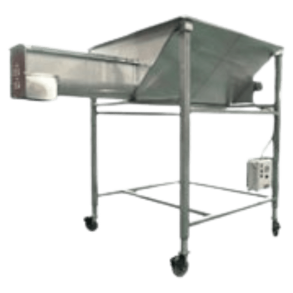 A stainless steel Receiving Hopper with a chute and four caster wheels. The hopper extends horizontally with a slanted chute above a catchment area. There is an attached control box on one side of the machine.
